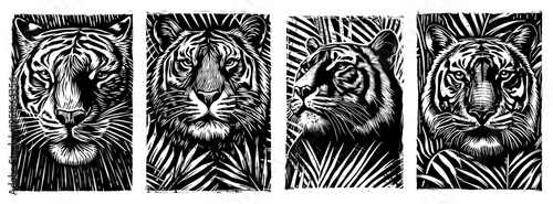 Tiger face portraits set vector, wild big cat predator in jungle foliage hand drawn engraving sketch