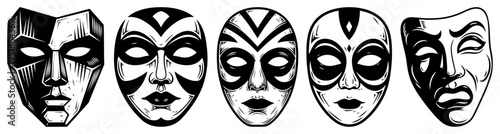 Theatre and tribal masks set vector, comedy tragedy and ethnic facial expressions in hand drawn sketch style