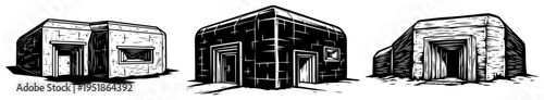 Concrete bunker fortifications set vector, military architecture and World War shelters in hand drawn sketch style