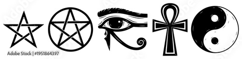 Mystical and sacred symbols set vector, pentagram eye of horus ankh and yin yang in hand drawn sketch style
