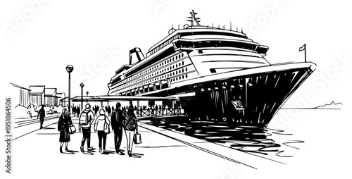 Luxury cruise ship at harbor terminal with passengers vector, travel and tourism concept in hand drawn sketch style