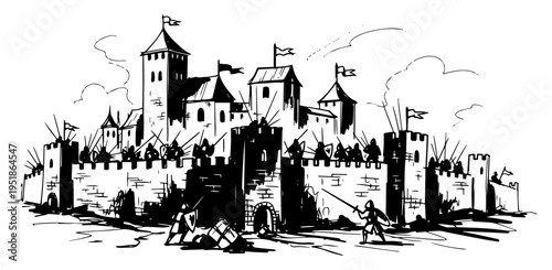 Medieval castle fortress with soldiers and knights vector, historical war scene in hand drawn engraving sketch style