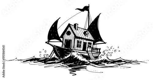 Houseboat sailing on ocean waves vector, floating house ship on sea water in hand drawn vintage sketch style