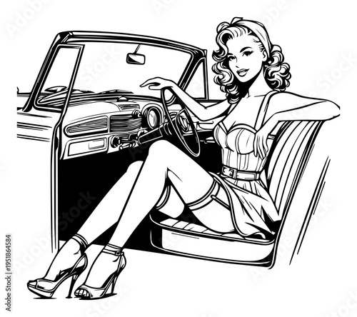 Beautiful retro woman sitting in classic car vintage pin up style vector, hand drawn sketch fashion illustration