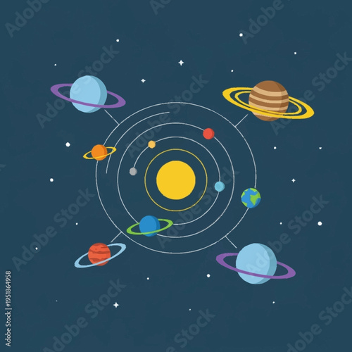 Solar System Planets Orbiting Sun Flat Design Illustration.