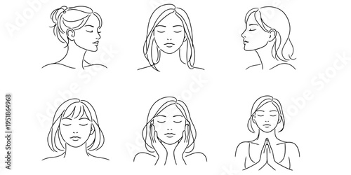 Minimalist female face line art with closed eyes, continuous single line drawing, abstract calm expression illustration, modern aesthetic design