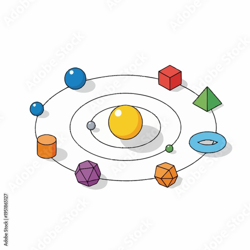 Geometric Solar System Model with Colorful Shapes.