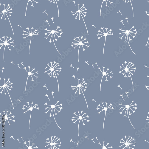 Seamless vector pattern with white dandelions on a delicate blue background. Elegant floral pattern in line art style. Botanical background for decor and textiles.