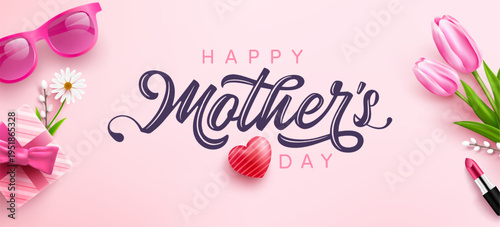 Mother's Day Poster or banner with sweet hearts,flower and pink gift box on pink background.Promotion and shopping template or background for Love and Mother's day concept.Vector illustration eps 10