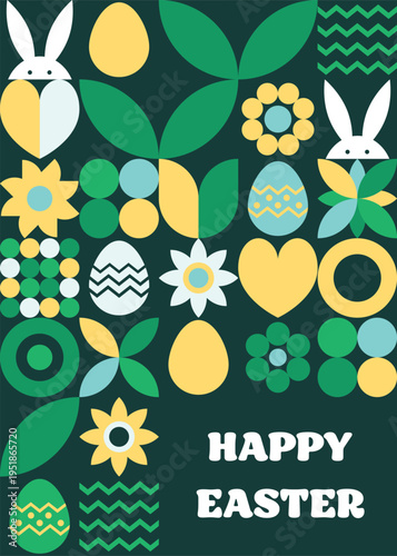 Geometric East greeting card with bunny, egg and flower. Abstract pattern design. Vector illustration