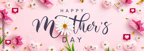 Mother's Day Poster or banner with sweet hearts,flower and pink gift box on pink background.Promotion and shopping template or background for Love and Mother's day concept.Vector illustration eps 10