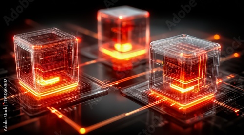 Three cubes with red lights on them. The cubes are arranged in a row. The cubes are made of clear plastic