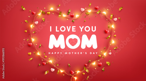 Mother's Day Poster or banner with golden ribbon and symbol of heart from LED lights on red background.Promotion and shopping template or background for Love and Mother's day concept.