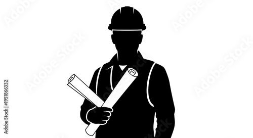 Construction worker silhouette vector illustration of a person wearing a hard hat holding blueprints, symbolizing engineering and architectural plans