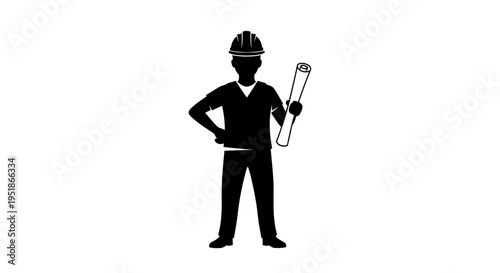 Black and white silhouette vector illustration of a construction worker holding blueprints, symbolizing engineering and architecture with a clean design