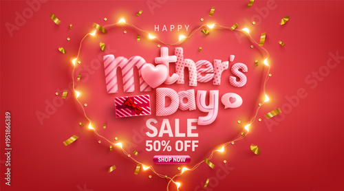 Mother's Day Sale 50% off Poster or banner with love heart and symbol of heart from LED lights on red background.Promotion and shopping template or background for Love and Mother's day concept.