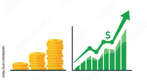 Set of 2 finance icons vector, business growth chart and money coins