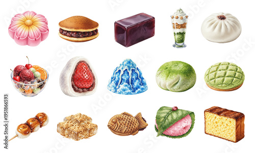 Watercolor Japanese dessert collection set with wagashi and mochi elements