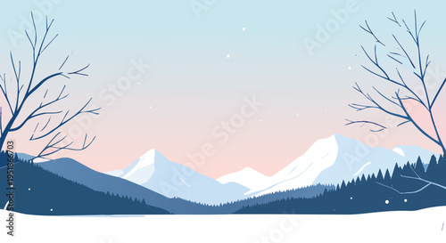 A peaceful winter mountain landscape with snow covered hills, misty valleys, soft clouds, and a glowing sunrise over a quiet forest