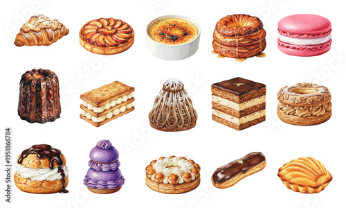 Watercolor French dessert collection set with sweet pastry elements