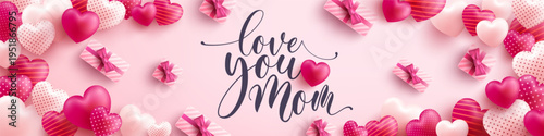 Mother's Day banner with sweet hearts and cute gift box on pink background.Promotion and shopping template or background for Love and Mother's day concept.Vector illustration eps 10
