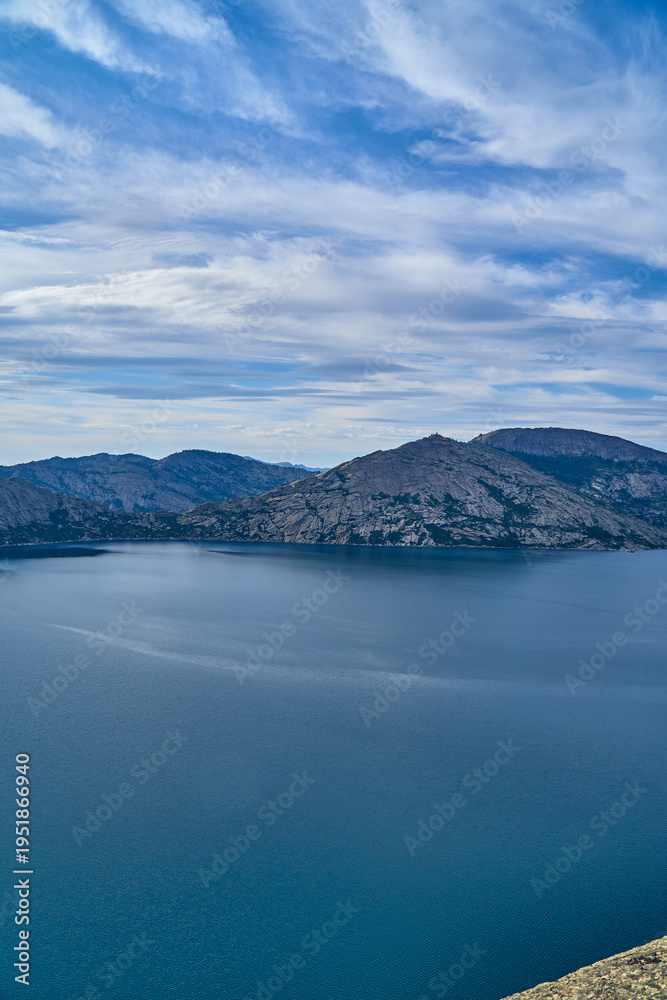 Obraz premium Wide aerial panorama of Sibiny Lakes surrounded by granite mountains in Kazakhstan (Qazaqstan)