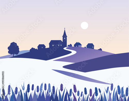 A winter mountain town at sunset with a silhouetted church tower against a colorful sky