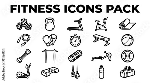 An extensive black and white vector icon set showcasing essential fitness, gym, and workout equipment for a healthy lifestyle and exercise themes.
