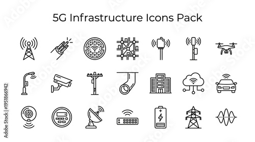 A collection of black and white icons representing 5G infrastructure on a white background