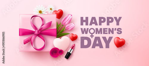 International Women's Day Poster or banner with gift box,flower and symbol of 8 from ribbon bow.Promotion and shopping template for Women's Day or Mother's Day concept.Vector illustration EPS10