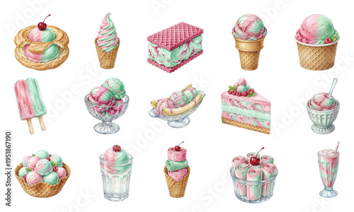 Watercolor pink and green ice cream collection set