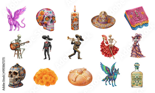 Watercolor Day of the Dead collection with skulls and mariachi