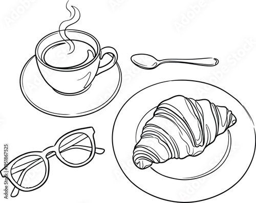 Breakfast still life sketch coffee croissant sunglasses and spoon