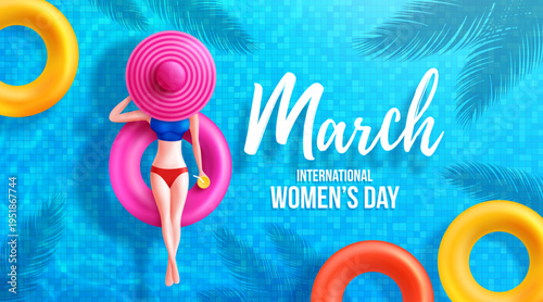 8 Mach Women's Day Poster or banner by symbol of 8 from women on round pool floats and big hat in the swimming pool.Promotion and shopping template for Women's Day and summer concept