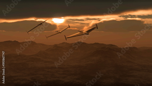 The HESA Shahed 136 is an Iranian loitering munition in the form of an autonomous pusher-prop drone. Drones flying at sunset. Sensitive targets, attack. Kamikaze drone. 3d rendering