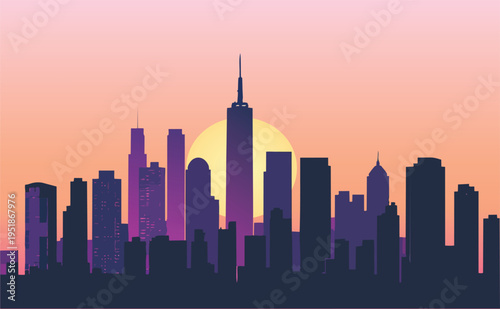 Chicago and Seattle city skylines at sunset with silhouetted skyscrapers and urban panorama
