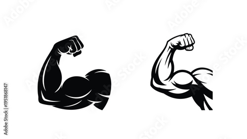 Bicep muscle arm icons showing power and physical strength in black and white silhouette style
