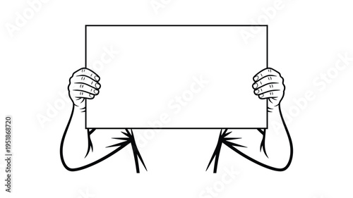 Illustration of hands holding blank horizontal paper board or rectangular sign