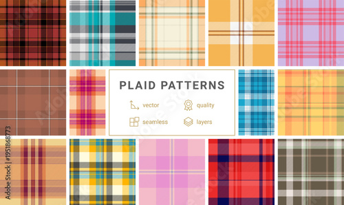 Plaid pattern set for casual apparel essentials. Seamless tartan repeats enhance dresses, tops, skirts, and layering pieces.