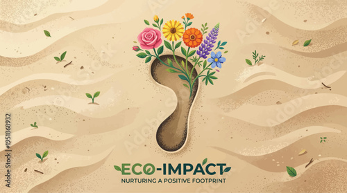 Eco-Impact Nurturing Positive Footprint Vector Illustration with Flowers and Greenery on Sandy Background