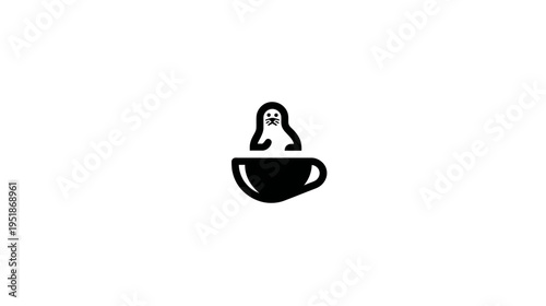 Minimalist black and white ghost icon emerging from a coffee cup. Spooky spirit character in hot drink illustration, vector graphic.