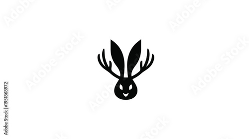Fantasy Jackalope Silhouette with Rabbit Ears and Deer Antlers, Mythical Creature Vector Graphic on White Background