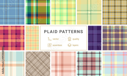 Plaid collection ideal for fashion, decor, print, and web. Coordinated patterns maintain professional-quality aesthetics.