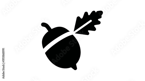 Black acorn with oak leaf silhouette icon. Minimalist vector illustration of forest nature symbol, autumn season graphic element.
