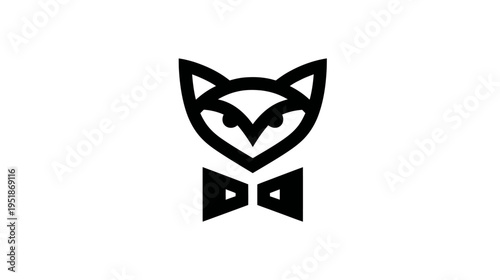 Abstract Fox or Cat Head with Bow Tie, Elegant Minimalist Black Line Art Icon, Modern Mascot Design