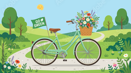 Go Green Bicycle Vector Illustration with Flower Basket on a Winding Path Through Green Hills and Trees, Symbolizing Eco-Friendly Transportation and Nature