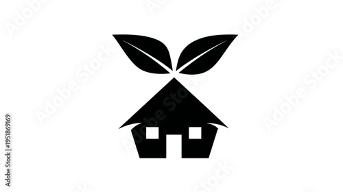 Sustainable eco-house icon with green leaves, symbolizing environmental protection, nature, clean energy, and modern living.