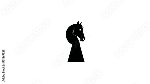 Black silhouette of a horse's head emerging from a keyhole. Conceptual graphic design representing mystery, power, and elegance.