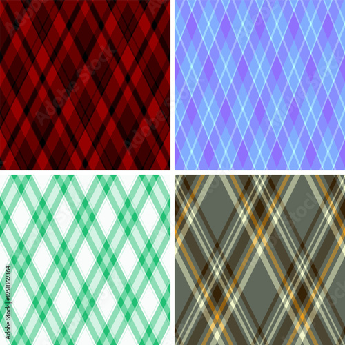Argyle pack tailored for packaging of womens clothing. Coordinated diamonds patterns unify product presentation. Seamles vectors repeat flawlesly.