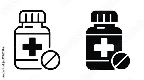 Medicine bottle and pill icon in two styles, representing healthcare and pharmaceuticals